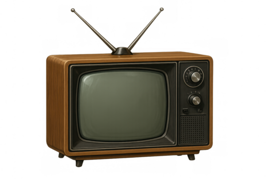 Vintage television broadcasting static, vintage aluminum rabbit ear antennas against transparent backdrop, representing nostalgic media technology