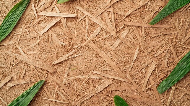 Close-up of oriented strand board (OSB) with green leaves in the corners on a woven surface background.