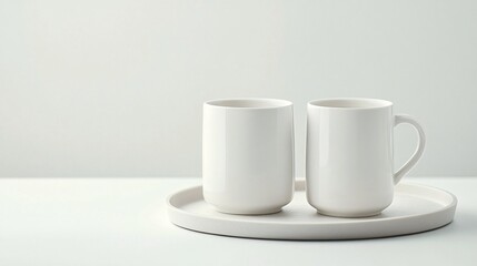 Two white mugs on a round tray, minimalist style