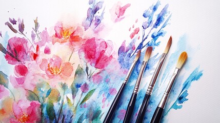 Obraz premium Floral watercolor painting with brushes on white paper