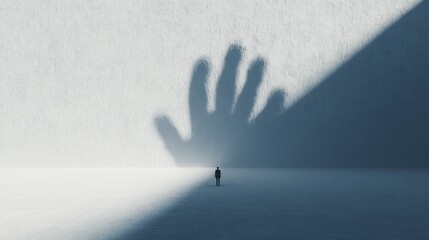 Shadow of a gigantic hand looming over a small figure on a white minimalist background, symbolic and striking