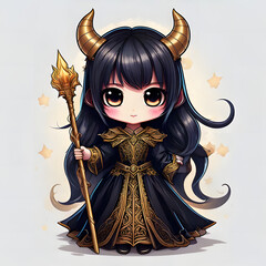 Fototapeta premium A cute chibi-style demon girl with horns, wearing a black and gold dress, holding a golden staff and axe, with a sparkling background.