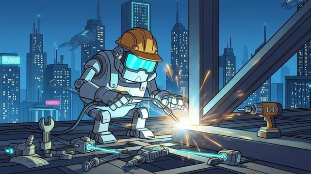 Futuristic Robot Welder: Night City Construction Animation