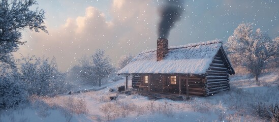 Snow-covered log cabin with smoke rising from its chimney, nestled in a winter wonderland of frosted trees and gently falling snow during a soft sunrise