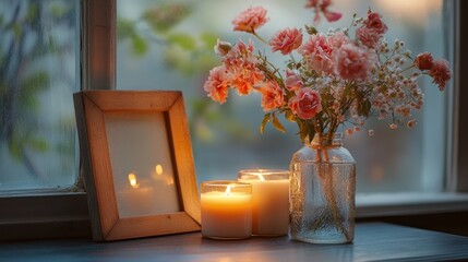 Softly lit windowsill scene featuring a wooden frame, two burning candles, and a vase of pink flowers at dusk