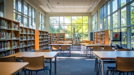 Spacious library interior with large windows overlooking a garden