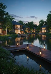 Obraz premium Evening view of lakeside villas with lanterns on a wooden dock reflecting in the water at dusk