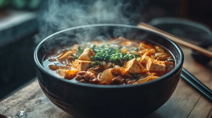 Steam rises from a dark bowl of hot, spicy soup, featuring tofu, meat, and vegetables. Wooden table