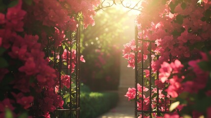 Sunlight streams through a wrought iron gate framed by vibrant pink bougainvillea