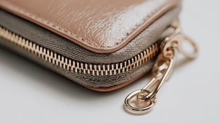 Close-up shot of a closed, metallic rose gold wallet with a gold zipper and pull tab on a white surface.