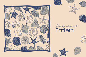 Hand drawn set of seashells and starfish in vintage engraving style pattern background. Diverse Seashells Collection Hand Drawn Line Art Ocean Beach Starfish Nature Illustration