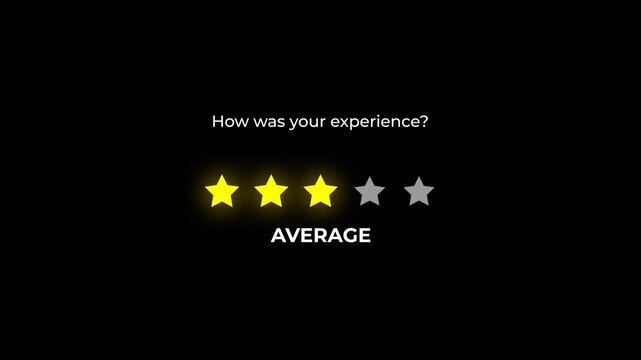 Three yellow stars labeled Average on a transparent background. Perfect for customer reviews, feedback, rating systems, UI elements, and service satisfaction visuals.