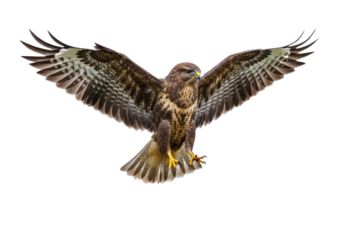 Majestic hawk soaring gracefully in the sky, with a blurred natural landscape below