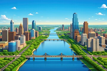 Obraz premium Vibrant city skyline with a wide blue river and lush green parks