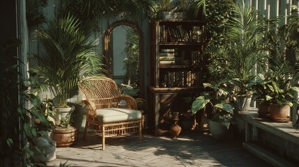 A luxurious outdoor restaurant patio in a summer garden with elegant wooden chairs and tables under umbrellas