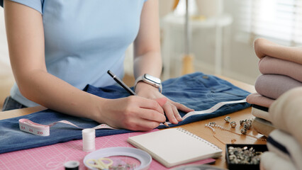 Asia people go green woman make craft DIY skill eco second hand denim jeans idea reuse old used...