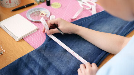 Asia people go green woman make craft DIY skill eco second hand denim jeans idea reuse old used...