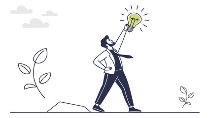 A Man Holding a Lightbulb in Nature, Graphic Illustration, Bright Environment, Inspiring Concept