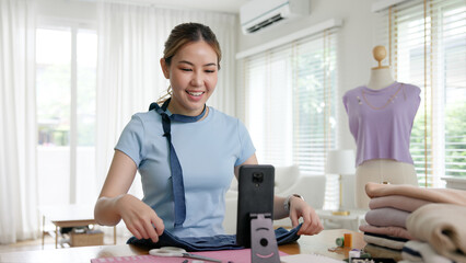 Asia people go green woman selfie live video vlog talk online teach make craft DIY eco second hand...