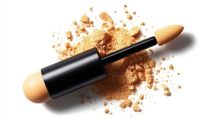 Close-up shot of a makeup applicator with a black handle and beige sponge tips, surrounded by loose beige powder on a white surface.