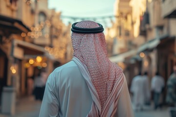 Fototapeta premium Arab man with traditional attire standing in a bustling market, observing surroundings as warm evening light illuminates the historic buildings