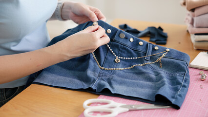 Asia people go green woman make craft DIY skill eco second hand denim jeans idea reuse old used...