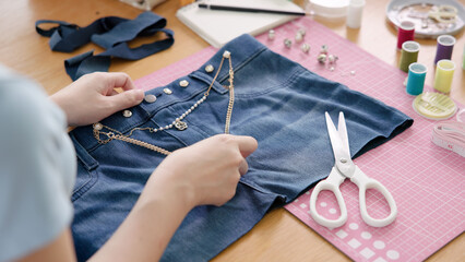 Asia people go green woman make craft DIY skill eco second hand denim jeans idea reuse old used...