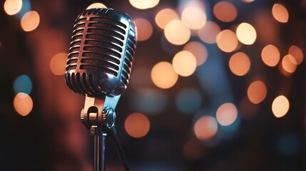 Vintage microphone on stand with bokeh lights background