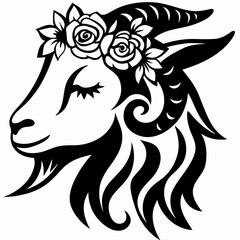 Obraz premium Gentle Goat Head Adorned with Floral Crown Serene Animal Illustration