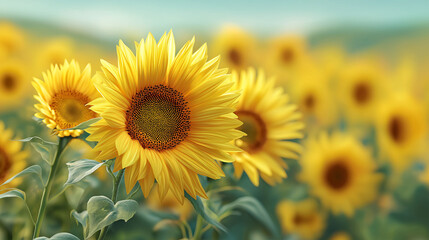 Obraz premium Sunflowers Field in Bloom: Capture the radiance of a field of sunflowers in full bloom, their vibrant yellow petals reaching towards the bright sunlight.