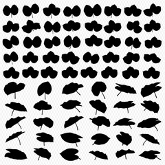 A collection of various leaf silhouettes arranged in rows and columns, showcasing different shapes and orientations against a patterned background.