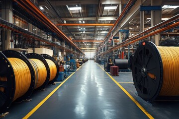 Inside a new factory manufacturing electrical cable, showcasing production lines filled with large spools of yellow cable and industrial equipment in a spacious facility