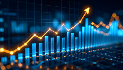 Upward Financial Trend: Glowing Orange Line Graph with Blue Bar Chart