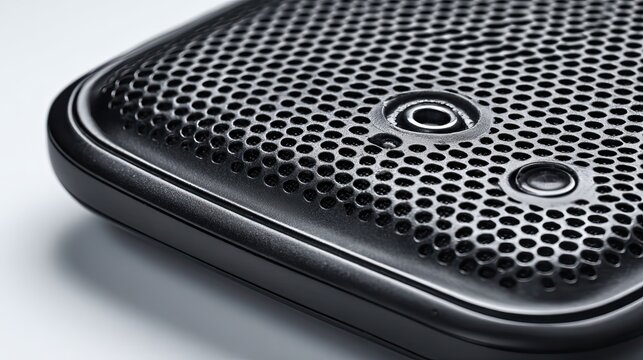 Close-up of a black, textured speaker grill with a hexagonal pattern and two visible buttons, showcasing its design and detail.