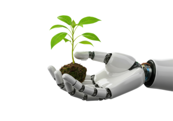 Robotic hand gently holding a small plant, symbolizing technology and nature collaboration