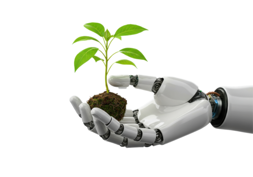 Robotic hand gently holding a small plant, symbolizing technology and nature collaboration