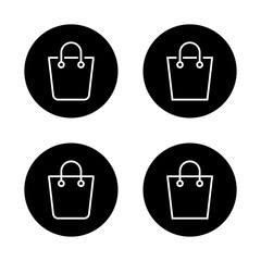 Online shopping bag outline icon in black circle. Market tote symbol for ecommerce or retail