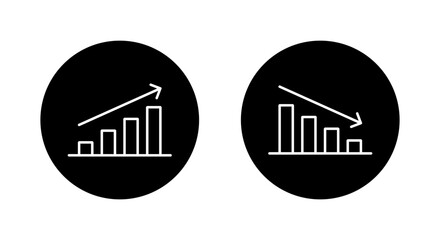 Up and down graph icon on black circle. Outline bar chart with uptrend and downtrend arrow symbol