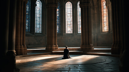 Prayer worshipper faith cathedral stained glass sun shine spirituality.