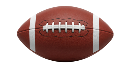 A close-up view of a classic brown football with white laces and stripes, isolated