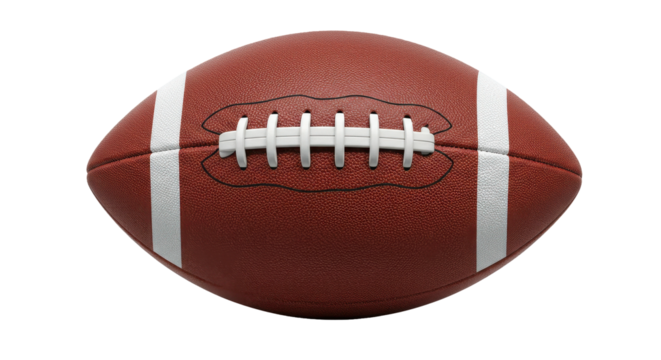 A close-up view of a classic brown football with white laces and stripes, isolated