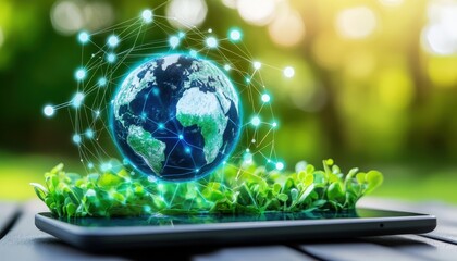Global Network on Tablet Displaying Earth and Green Growth