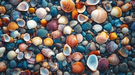 Seashells on seashore - beach holiday background