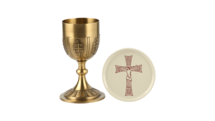 Ornate Brass Chalice and Paten Set with Crucifix Design for Religious Ceremonies