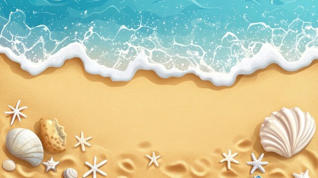 Seashore top view, summer with sand, sea water and beach background. Vector illustration