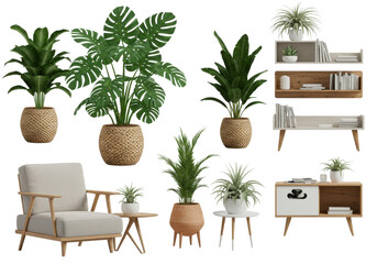 Fototapeta premium Modern living room decor featuring stylish furniture, vibrant plants, and organized shelves