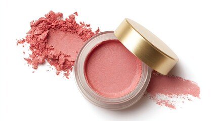Top-down view of a jar of pink cream blush with a gold lid, alongside a swatch of the same blush powder on a white background.