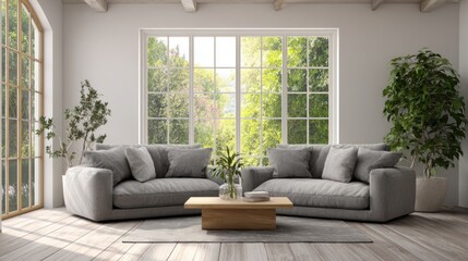 Fototapeta premium Natural light floods the spacious living room with large windows, highlighting the cozy gray sofas and stylish wooden coffee table. Indoor plants add a touch of greenery.