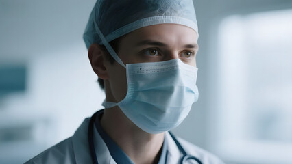 Medical professional wearing a surgical mask and cap, looking contemplative in a clinical setting.