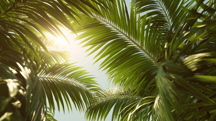 Fototapeta premium Sun-Dappled Palm Leaves: A close-up perspective of lush green palm leaves, their intricate textures and vibrant hues illuminated by the radiant sunlight.